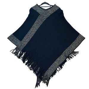 Cejon Y2K Black Poncho Cape Gold Metallic Fringe Boho Fall One‎ Size Fits Most